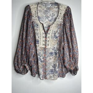 HD In Paris Anthropologie Pullover Blouse Boho Sz 6 Floral Long Sleeves